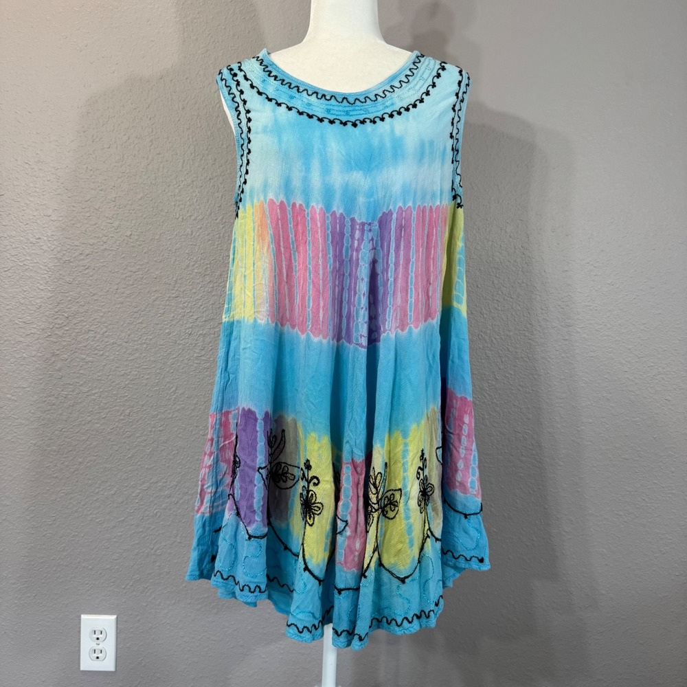 India Boutique Size Free Size Blue Tie Dye Embroidered Sleeveless Tunic Dress